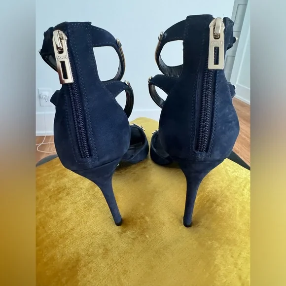 Schutz Sandalia Salto Alto Nobuck Sailfish heels navy/gold size 8 with box - Picture 12 of 16
